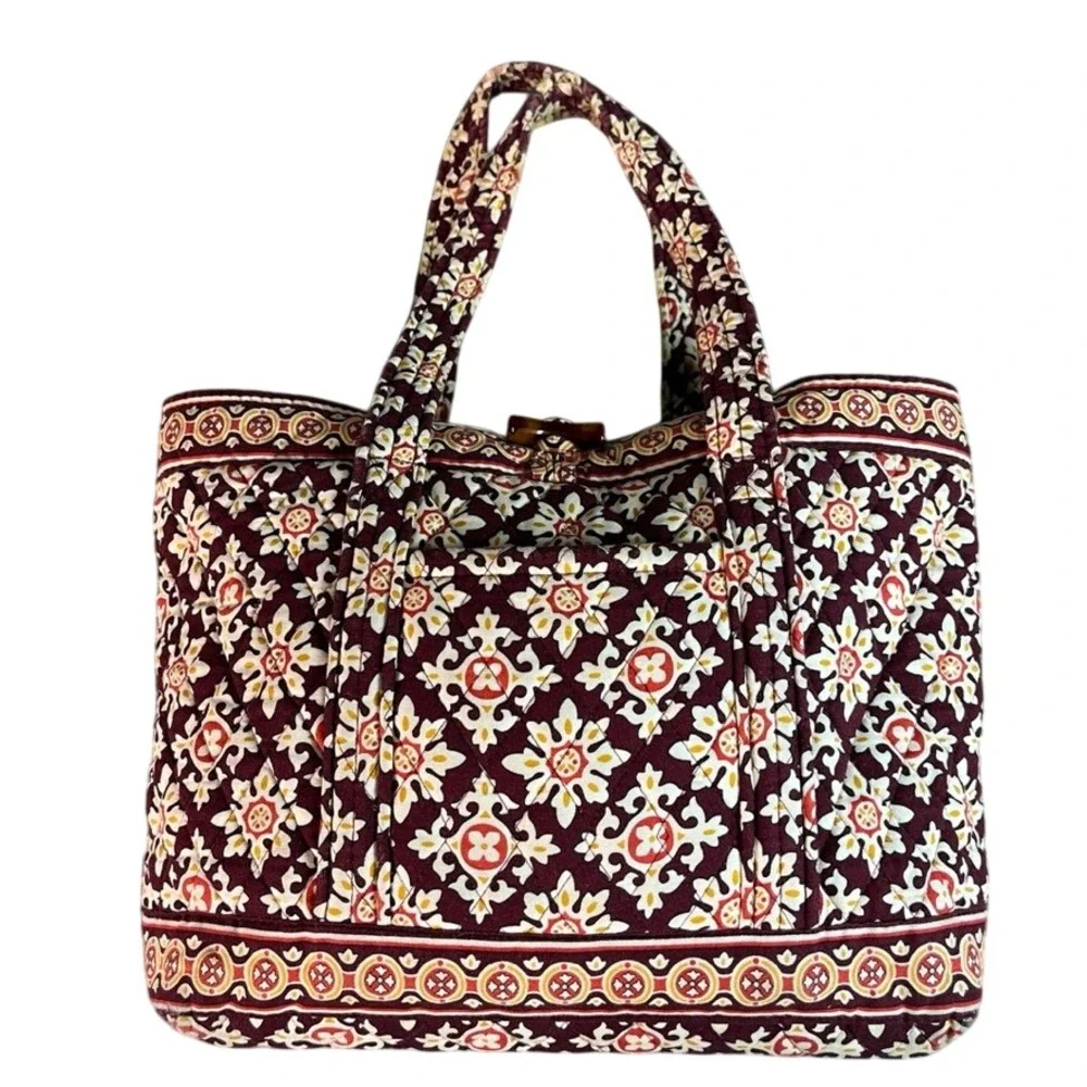 Vera Bradley Symphony in Red Quilted Cotton Tote Bag Burgundy Medallion USA Made
